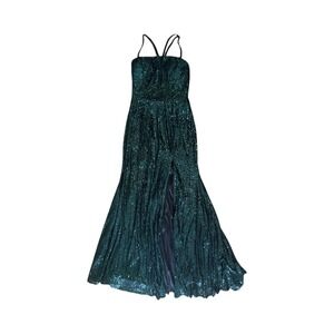 Dear Emilia Leg Slit Green Bling Sequin Fit & Flare Adjust Strap Dress Sz Medium